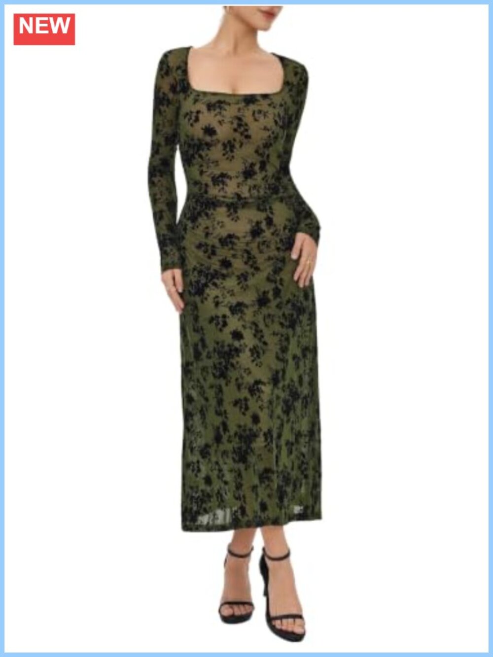 Floral Mesh Long Sleeve Midi Dress Square Neck Bodycon Formal